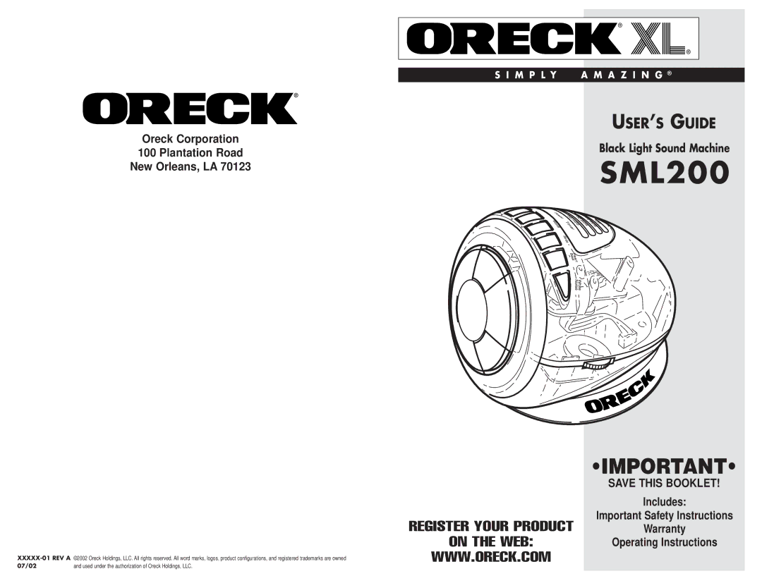 Oreck SML200 important safety instructions 