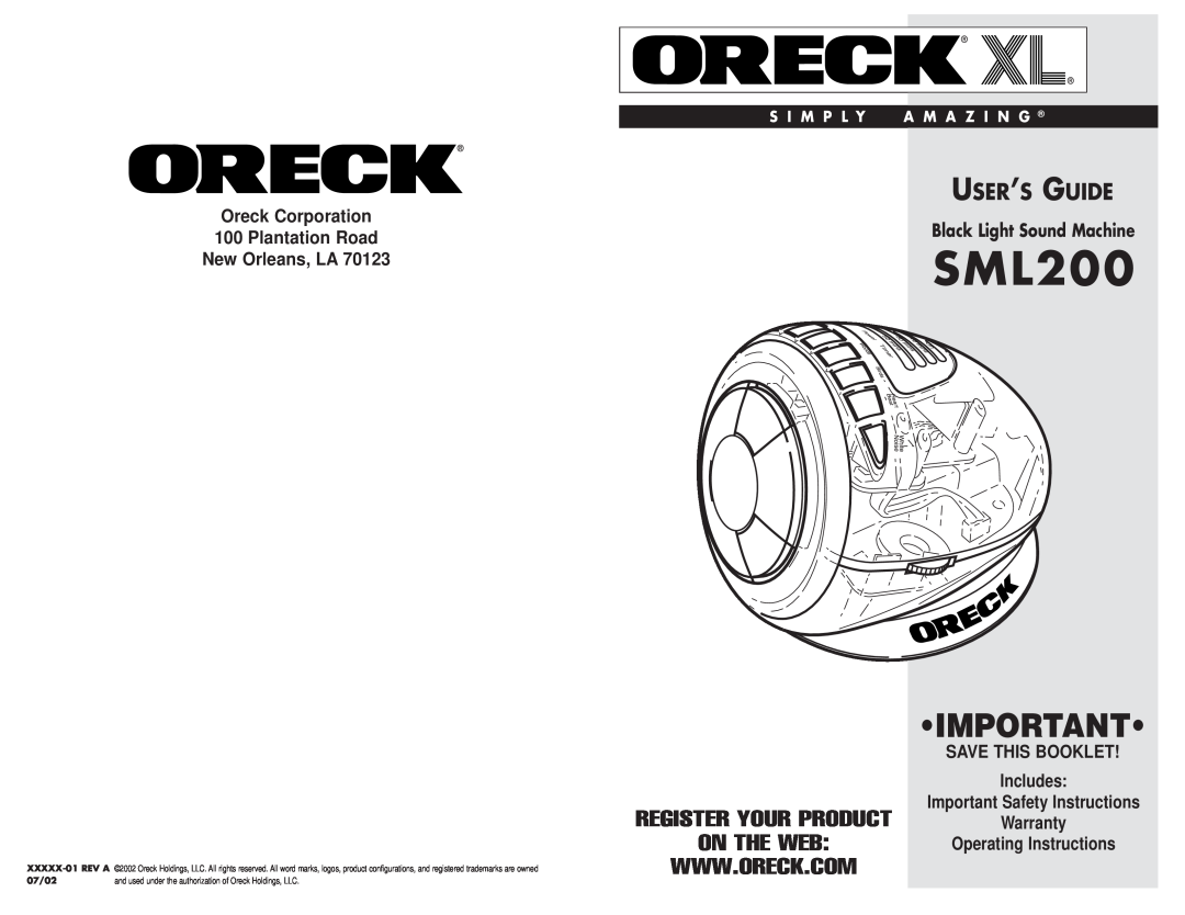 Oreck SML200 important safety instructions Register Your Product, On The Web, Oreck Corporation, Plantation Road, Includes 