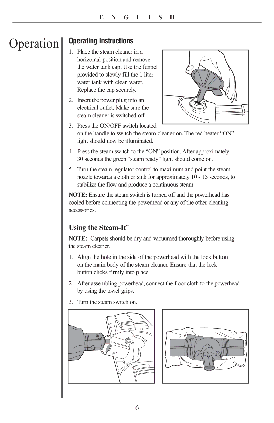 Oreck STEAM100 manual Operation, Operating Instructions, Using the Steam-It 