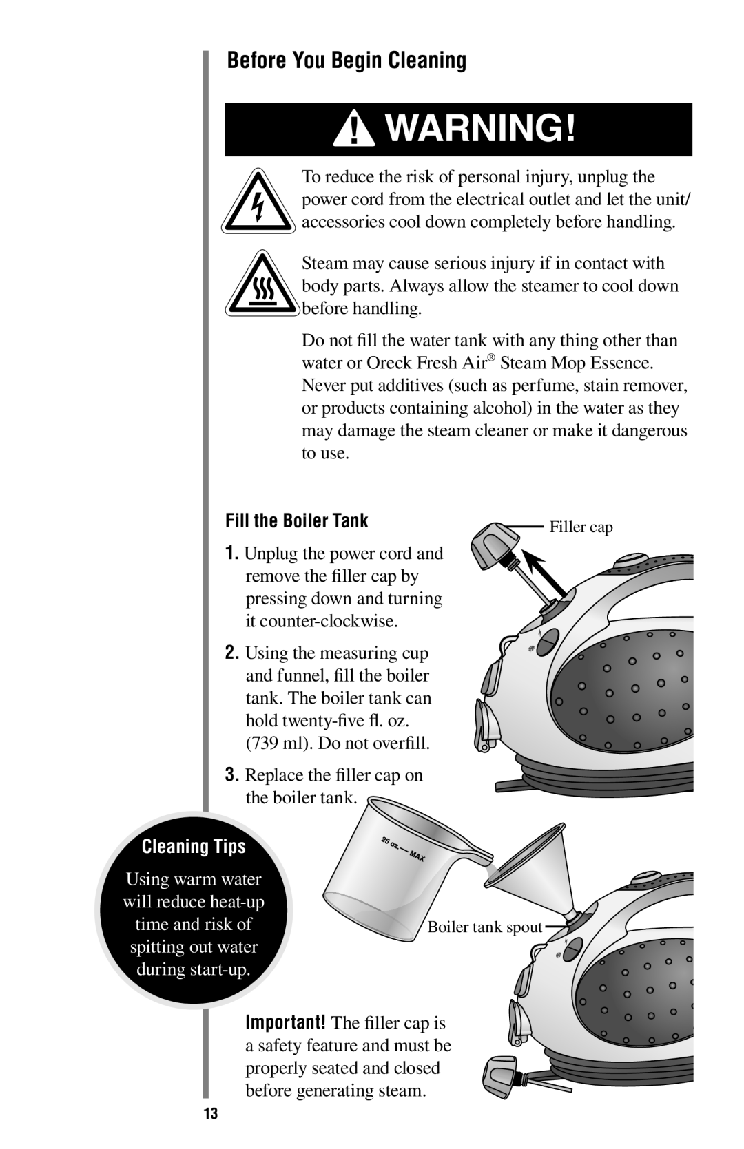 Oreck STEAM200 manual Before You Begin Cleaning, Fill the Boiler Tank 