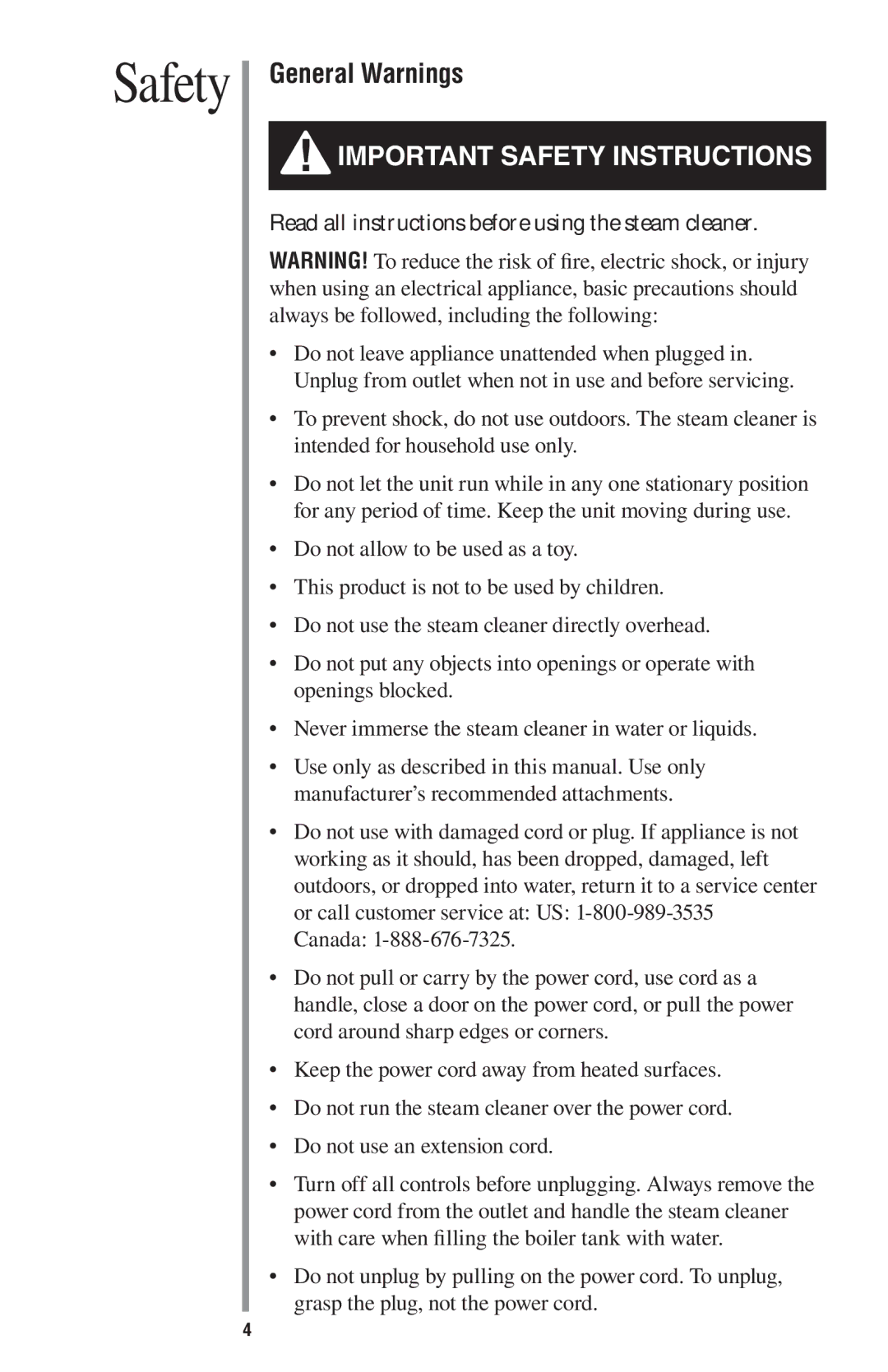 Oreck STEAM200 manual Safety, General Warnings 