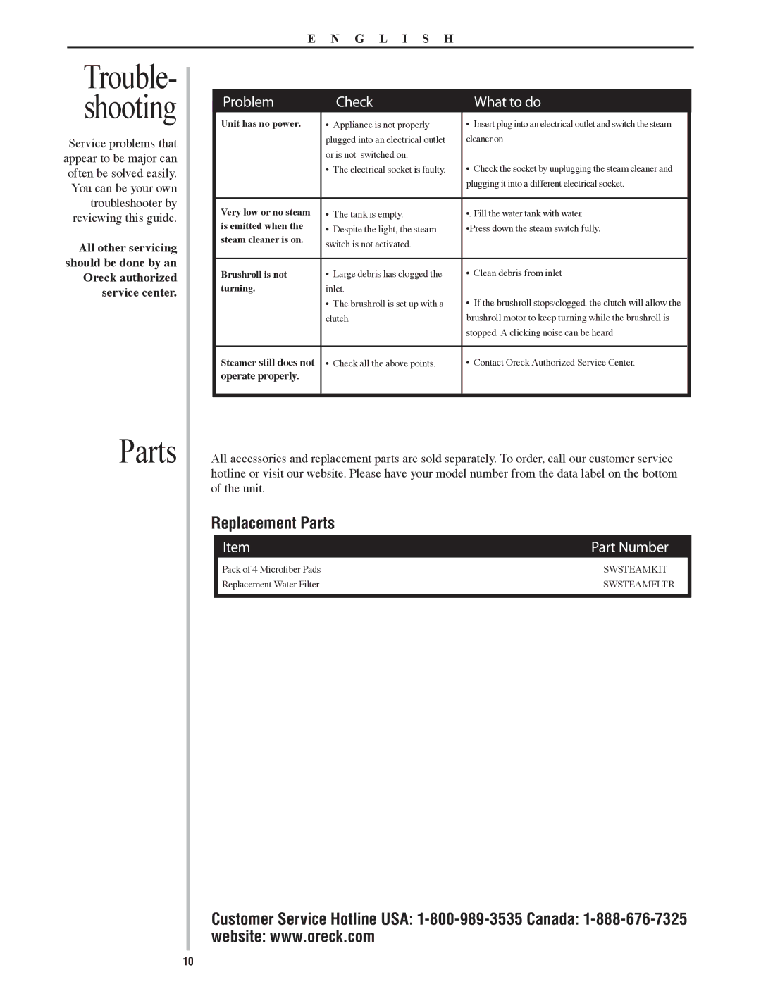 Oreck SWSTEAM, 22082-01 manual Replacement Parts, Customer Service Hotline USA 1-800-989-3535 Canada 