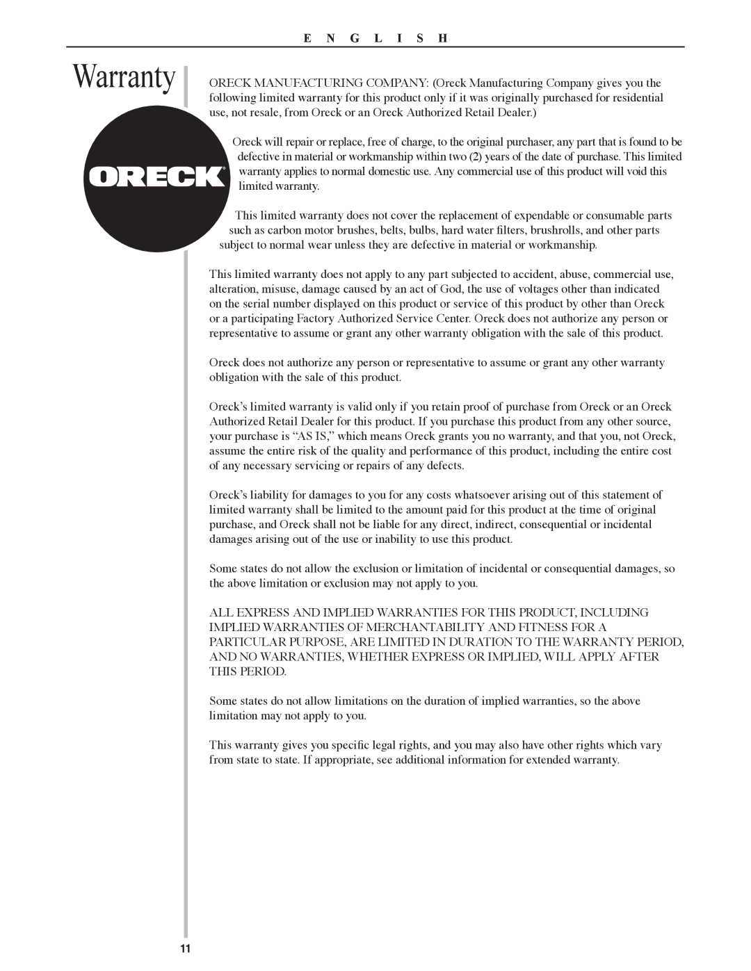 Oreck 22082-01, SWSTEAM manual Warranty 