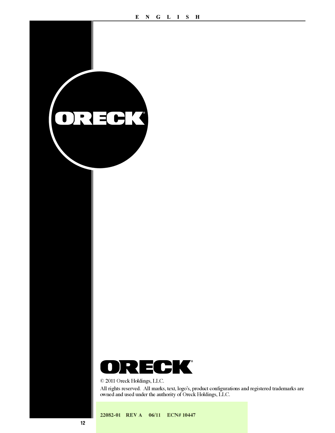 Oreck SWSTEAM, 22082-01 manual REV a 06/11 ECN# 