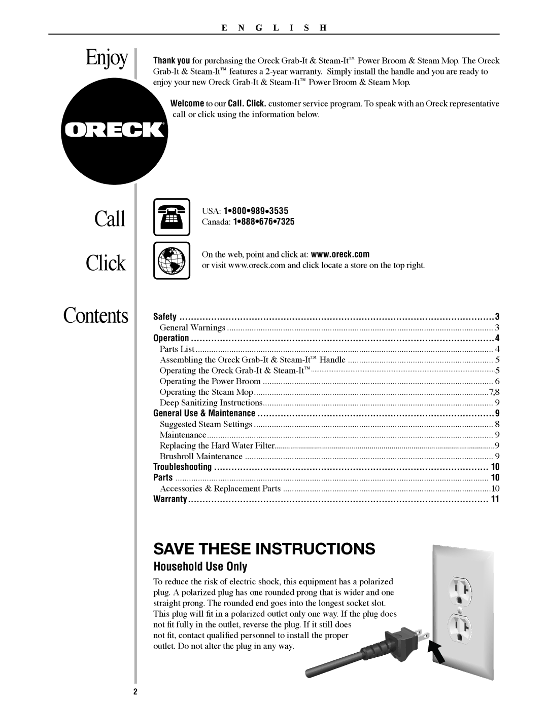 Oreck SWSTEAM, 22082-01 manual Enjoy Call Click Contents 