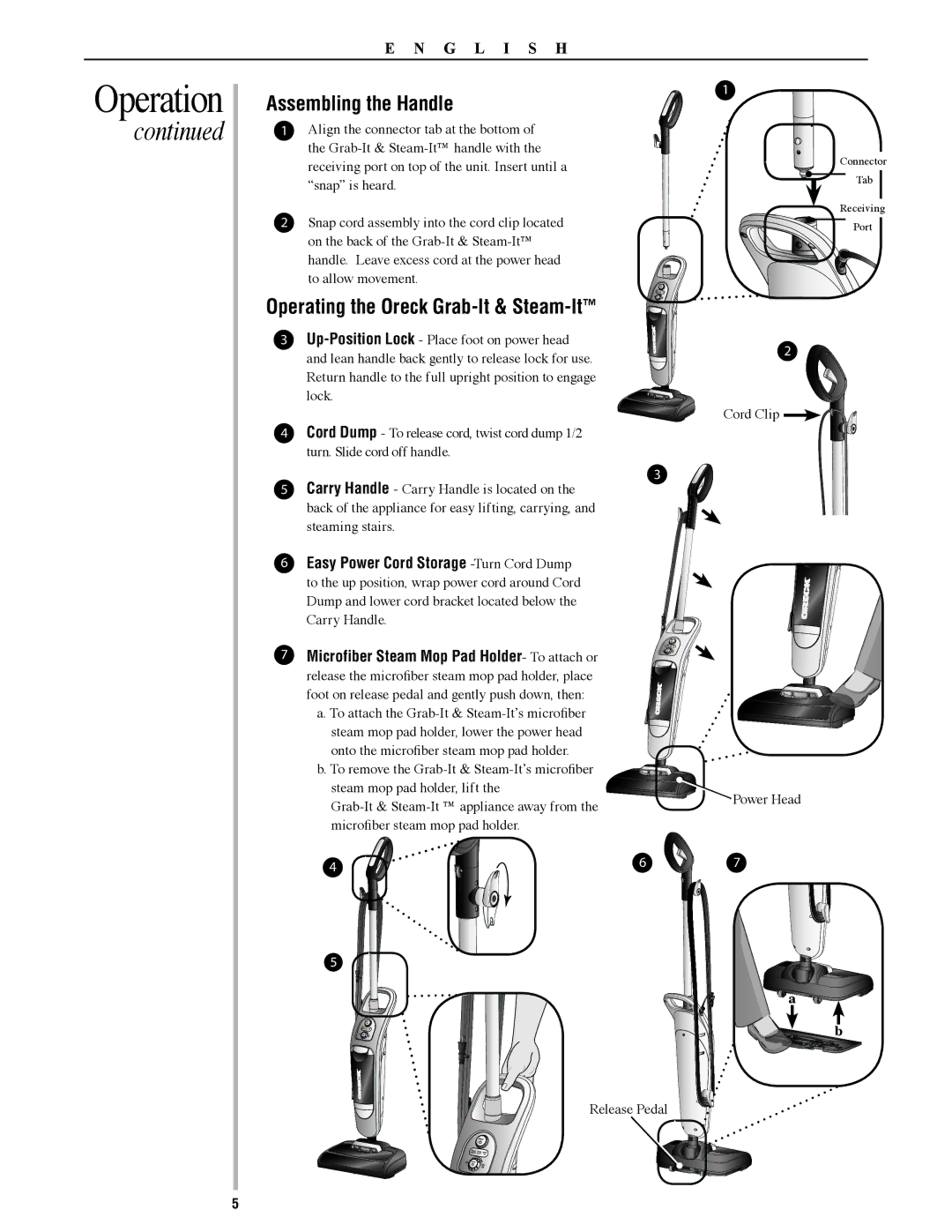 Oreck 22082-01, SWSTEAM manual Operation, Assembling the Handle, Operating the Oreck Grab-It & Steam-It 