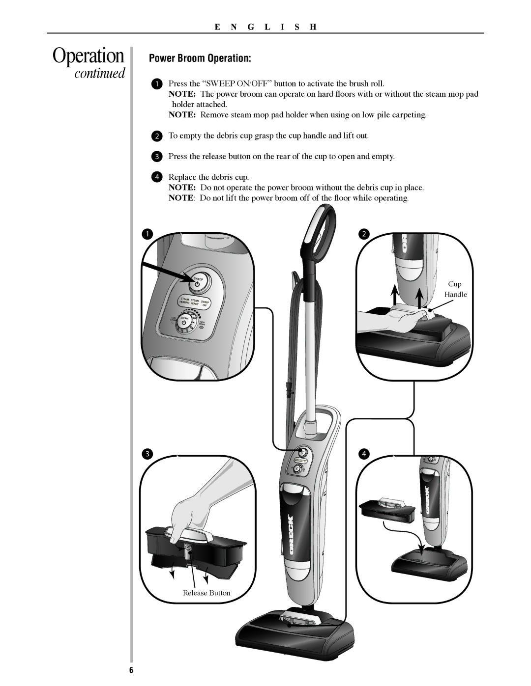 Oreck SWSTEAM, 22082-01 manual Power Broom Operation 