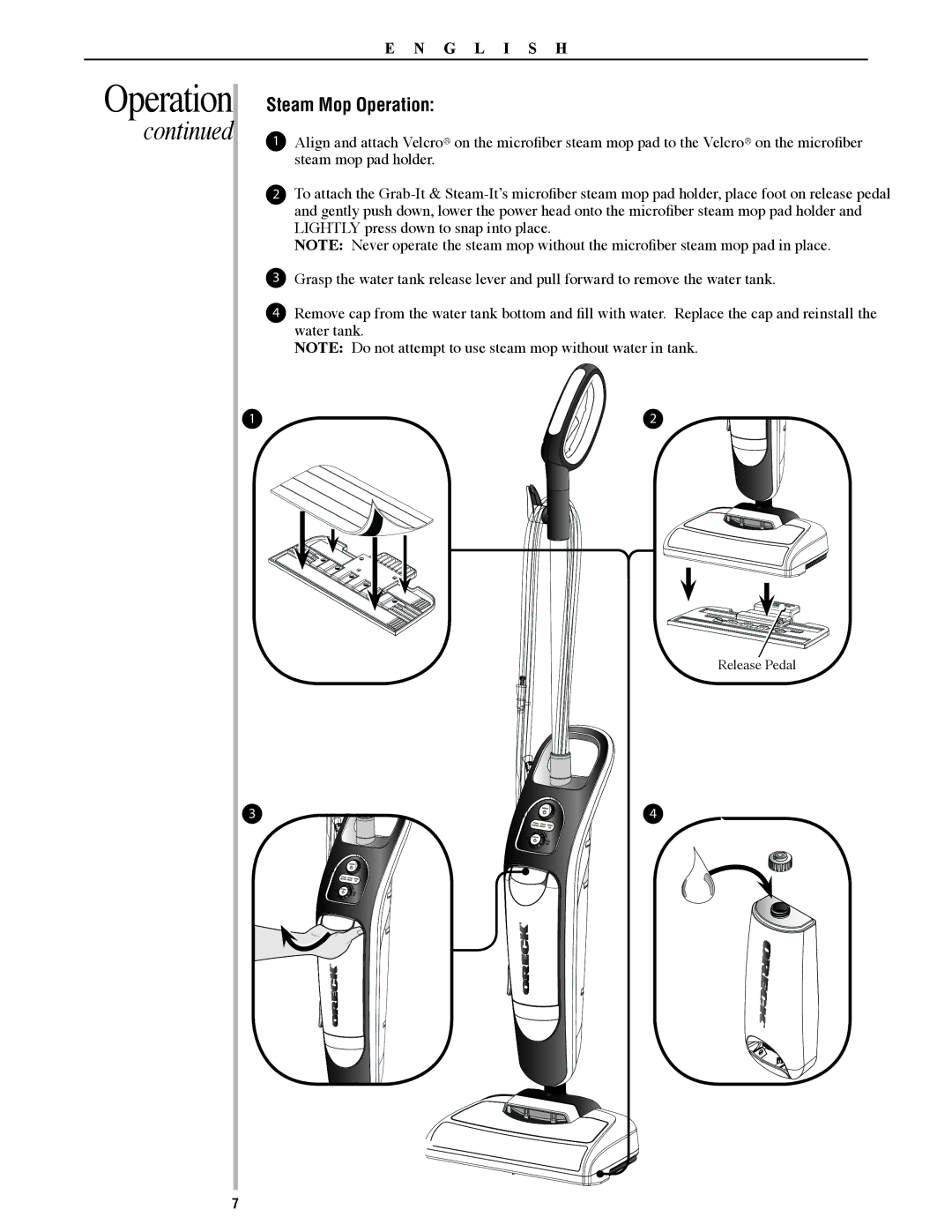 Oreck 22082-01, SWSTEAM manual Steam Mop Operation 