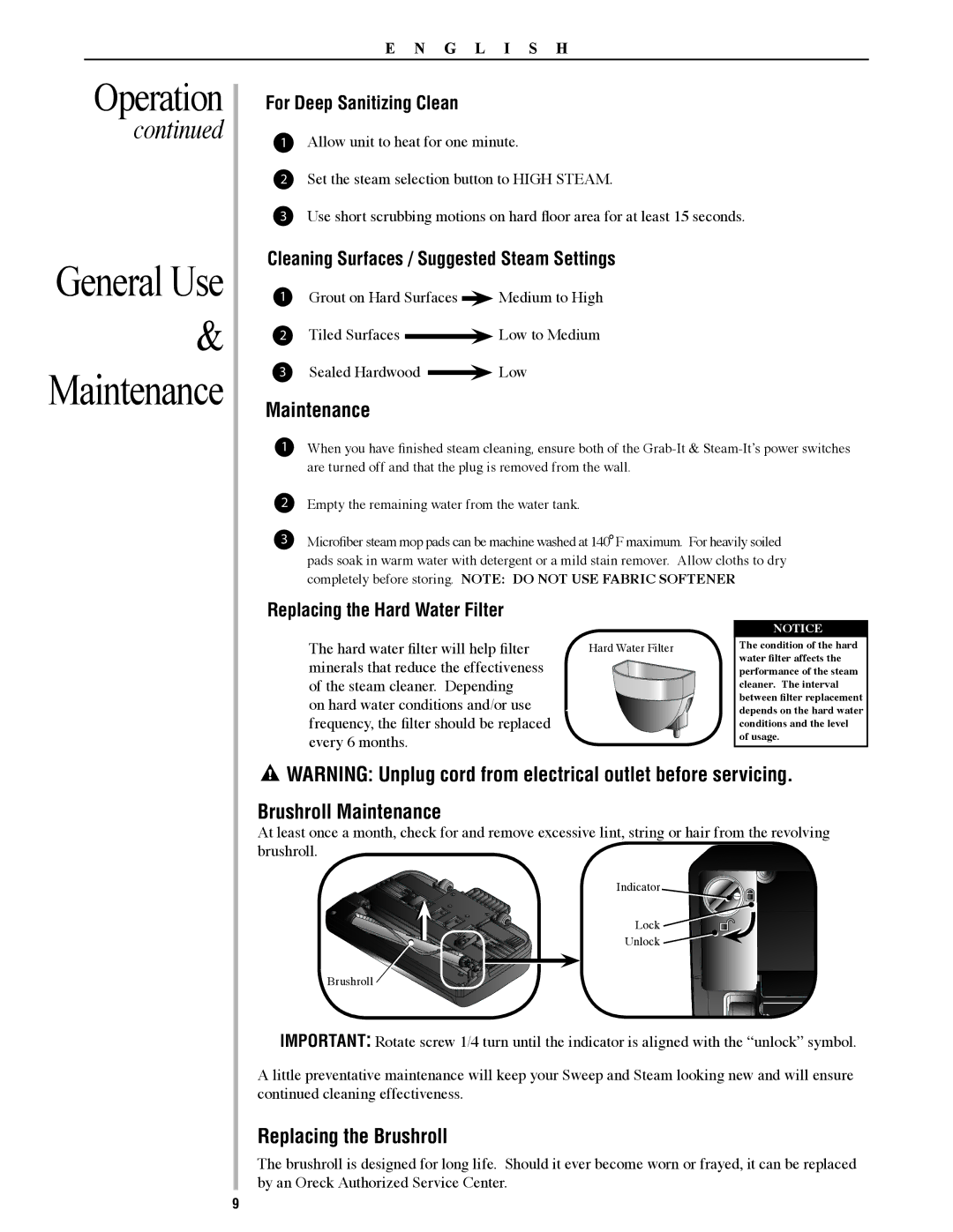 Oreck 22082-01, SWSTEAM manual General Use, Brushroll Maintenance, Replacing the Brushroll 