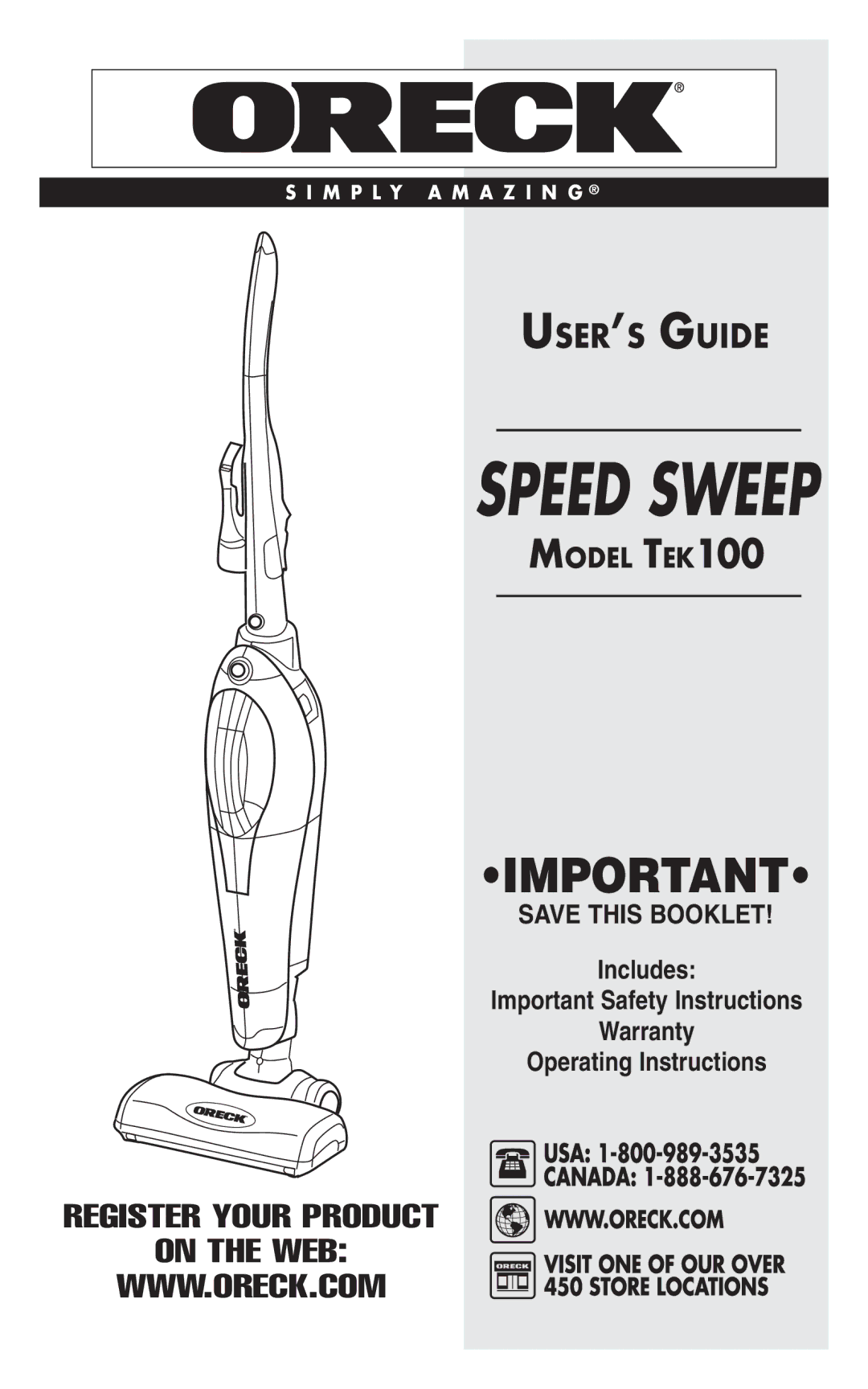 Oreck TEK 100 important safety instructions Speed Sweep 