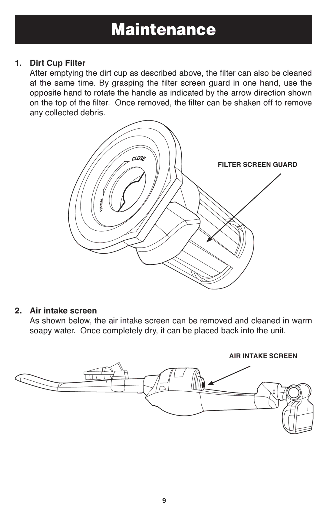 Oreck TEK 100 important safety instructions Maintenance, Dirt Cup Filter, Air intake screen 