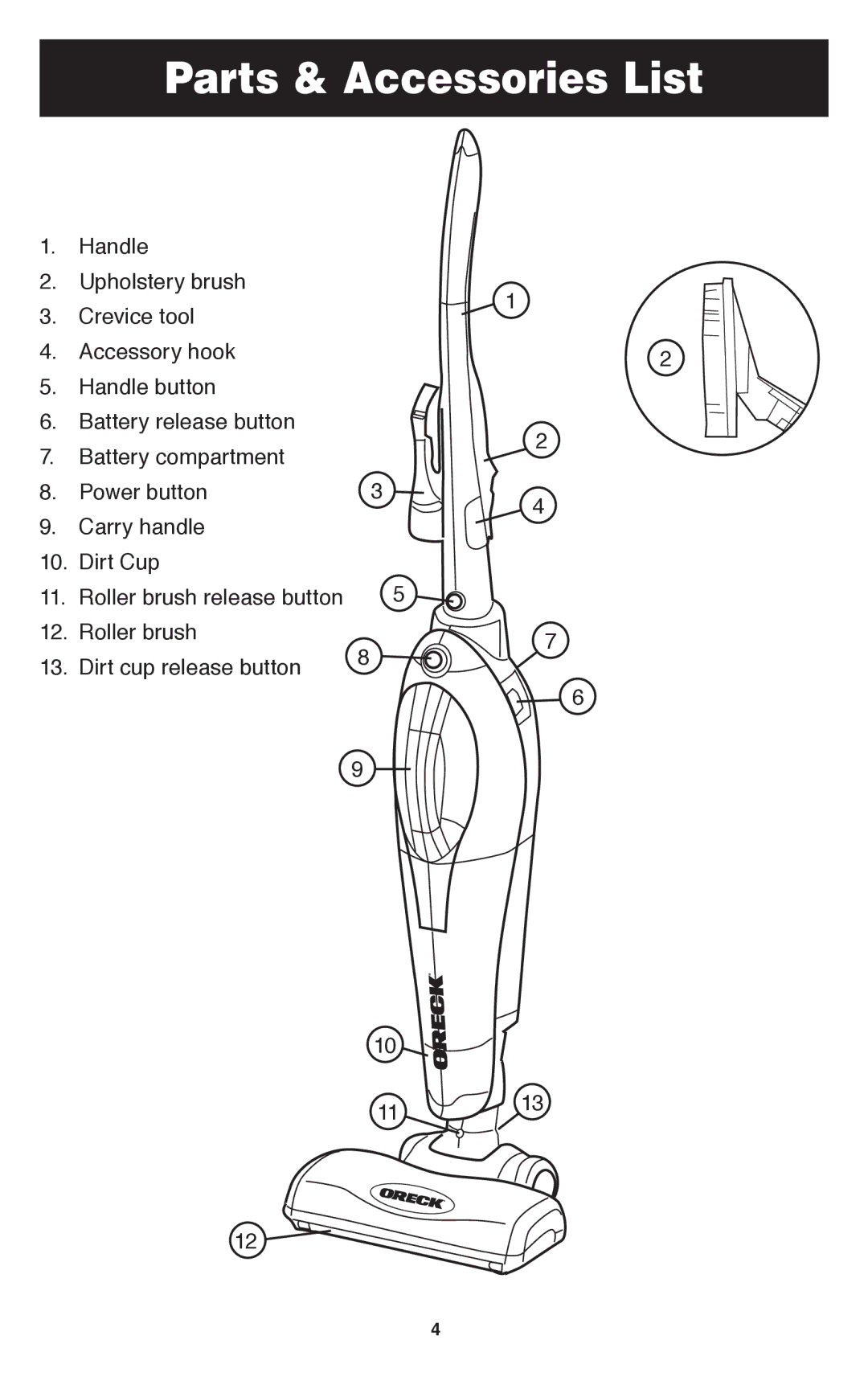 Oreck TEK 100 important safety instructions Parts & Accessories List 