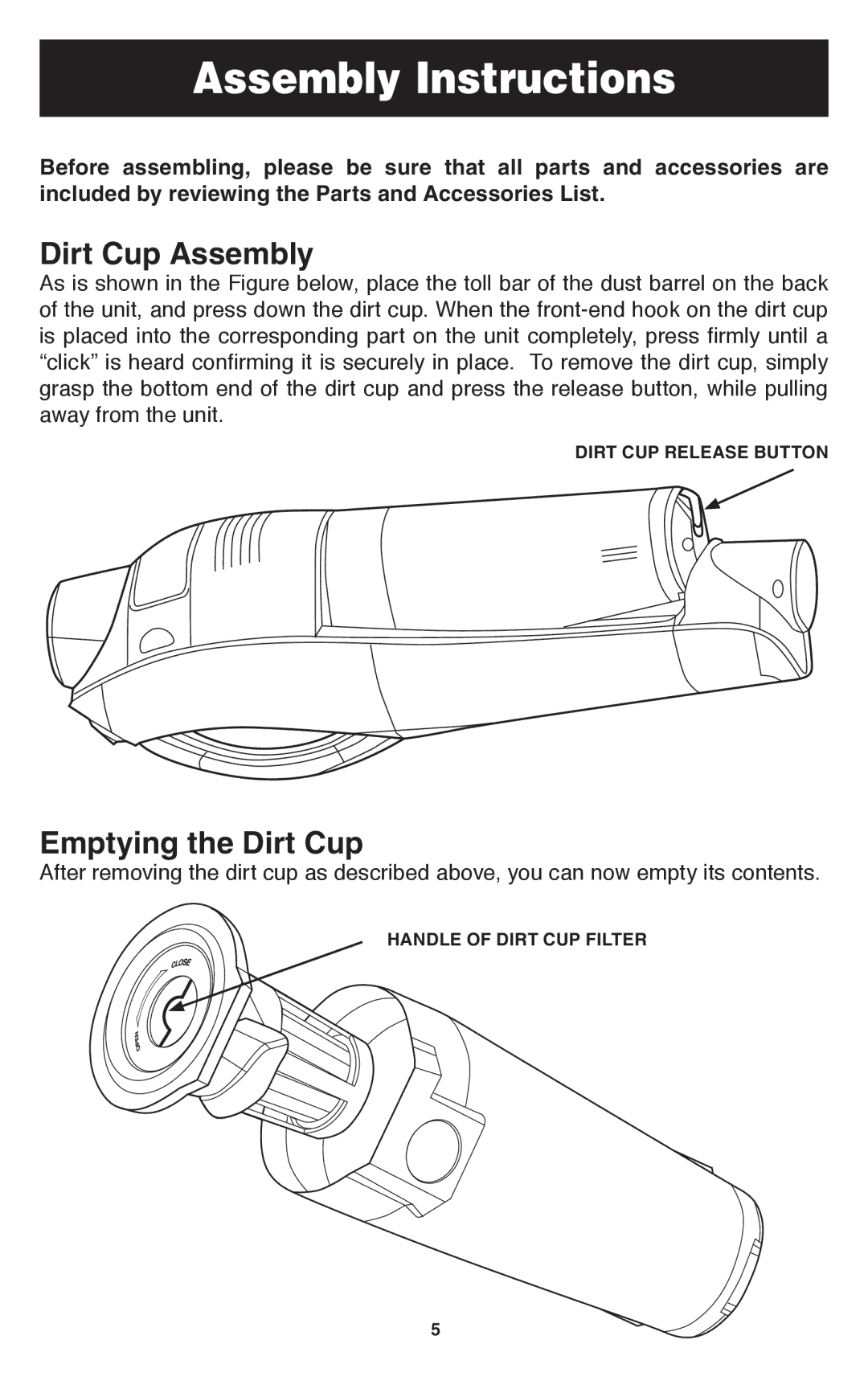 Oreck TEK 100 important safety instructions Assembly Instructions, Dirt Cup Assembly, Emptying the Dirt Cup 