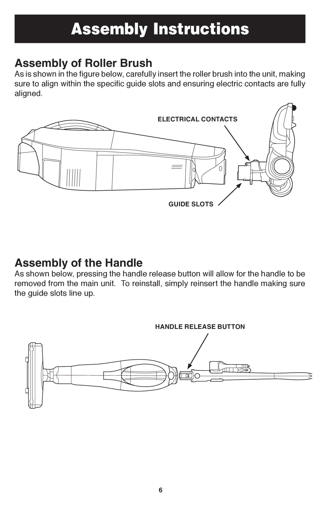 Oreck TEK 100 important safety instructions Assembly of Roller Brush, Assembly of the Handle 