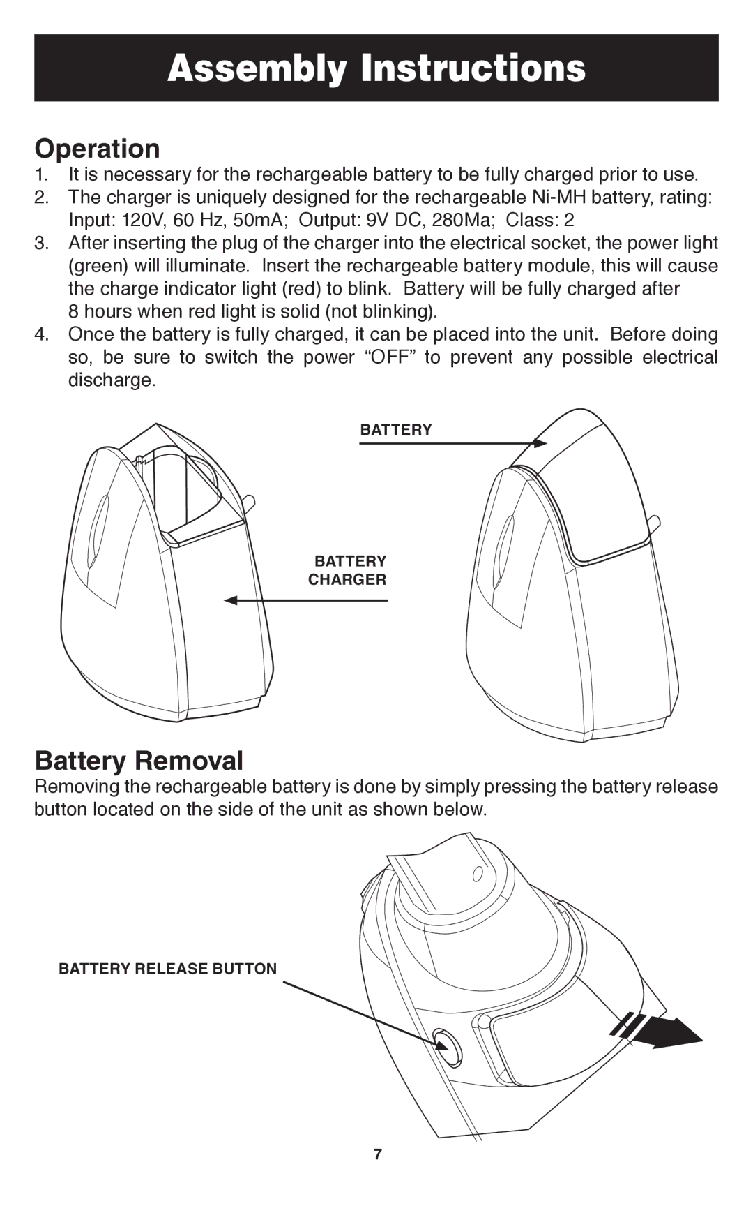 Oreck TEK 100 important safety instructions Operation, Battery Removal 