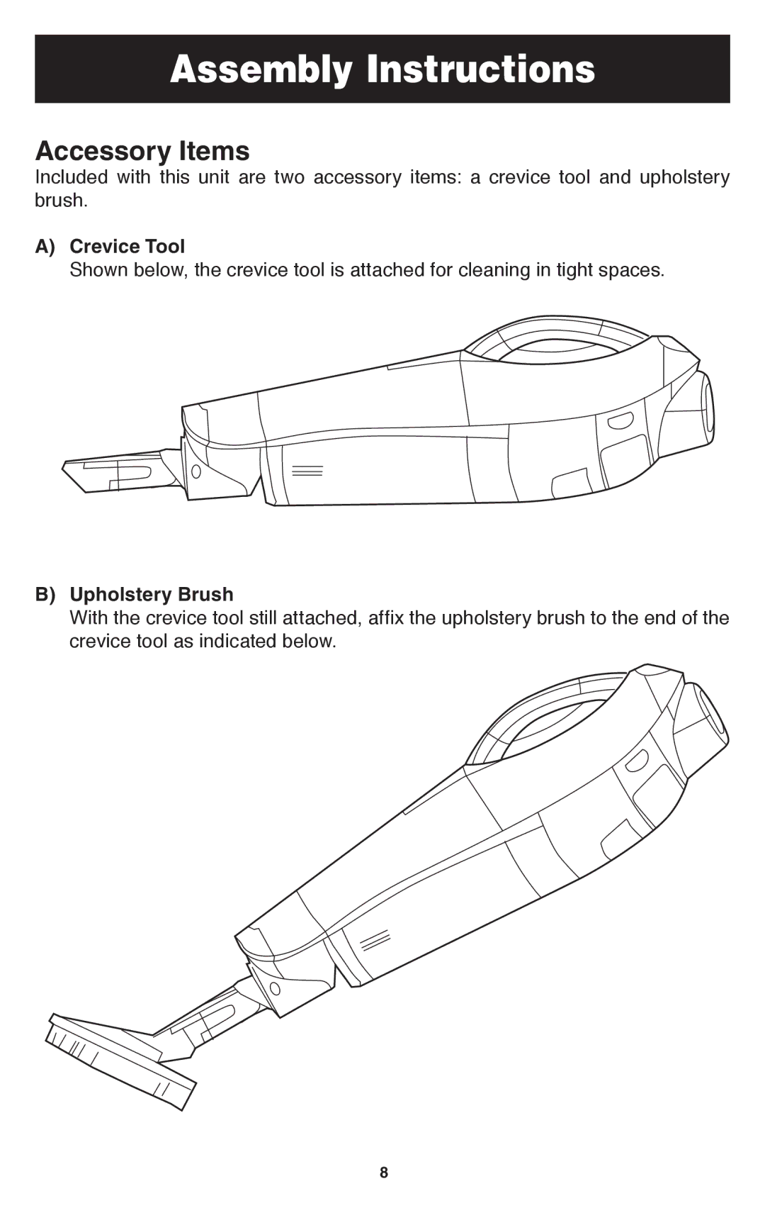 Oreck TEK 100 important safety instructions Accessory Items, Crevice Tool, Upholstery Brush 