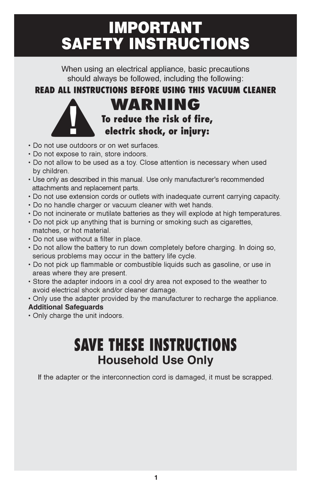 Oreck TEK 100 Safety Instructions, Save These Instructions, Household Use Only, Additional Safeguards 