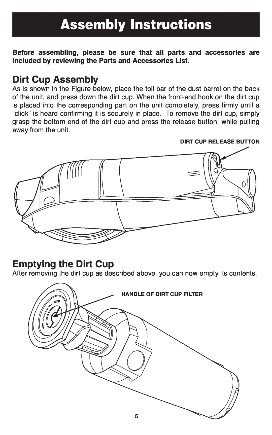 Oreck TEK 100 important safety instructions Assembly Instructions, Dirt Cup Assembly, Emptying the Dirt Cup 