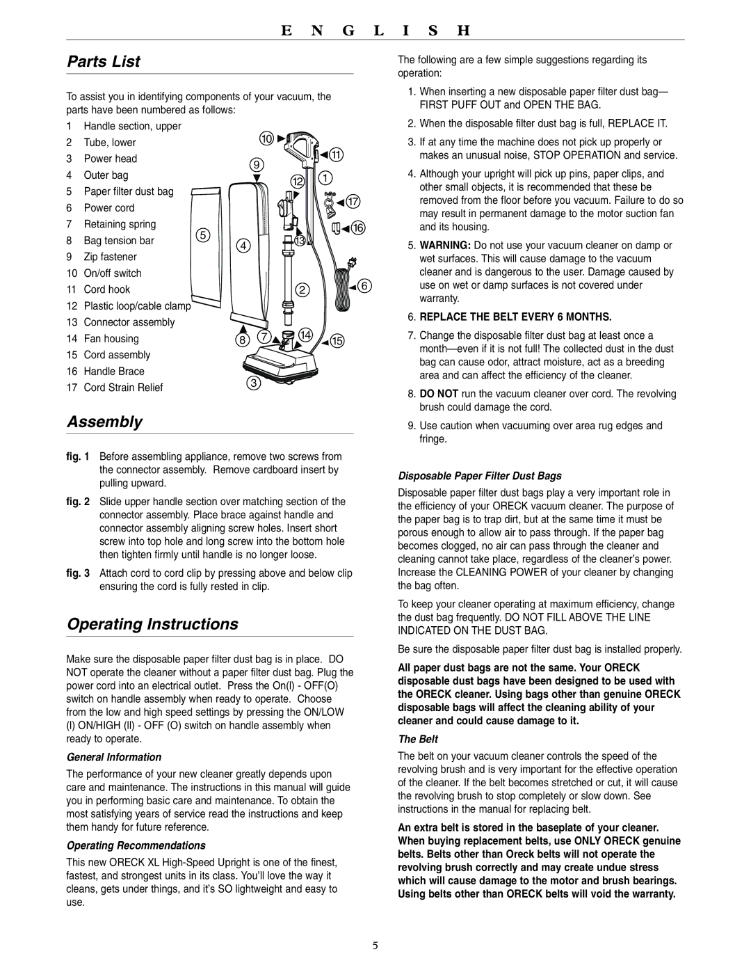 Oreck U2007RH warranty Parts List, Assembly, Operating Instructions 