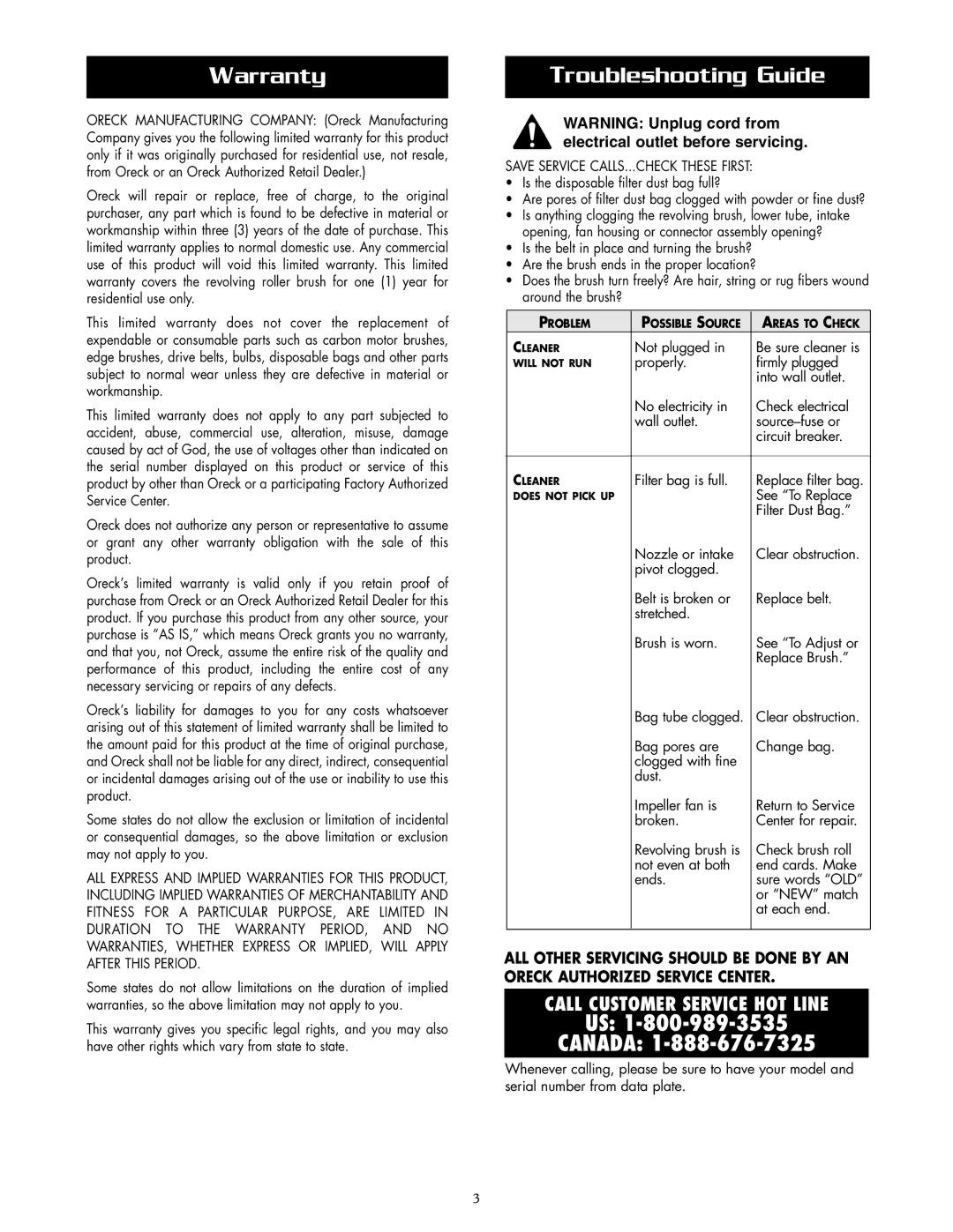 Oreck U2200RD warranty Warranty, Troubleshooting Guide 