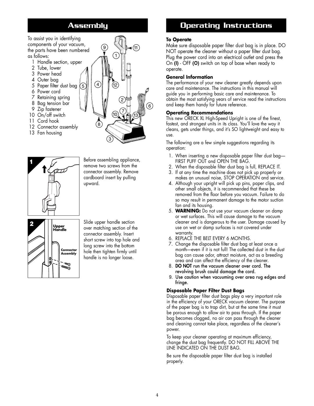 Oreck U2200RD warranty Assembly Operating Instructions, To Operate, General Information, Operating Recommendations 