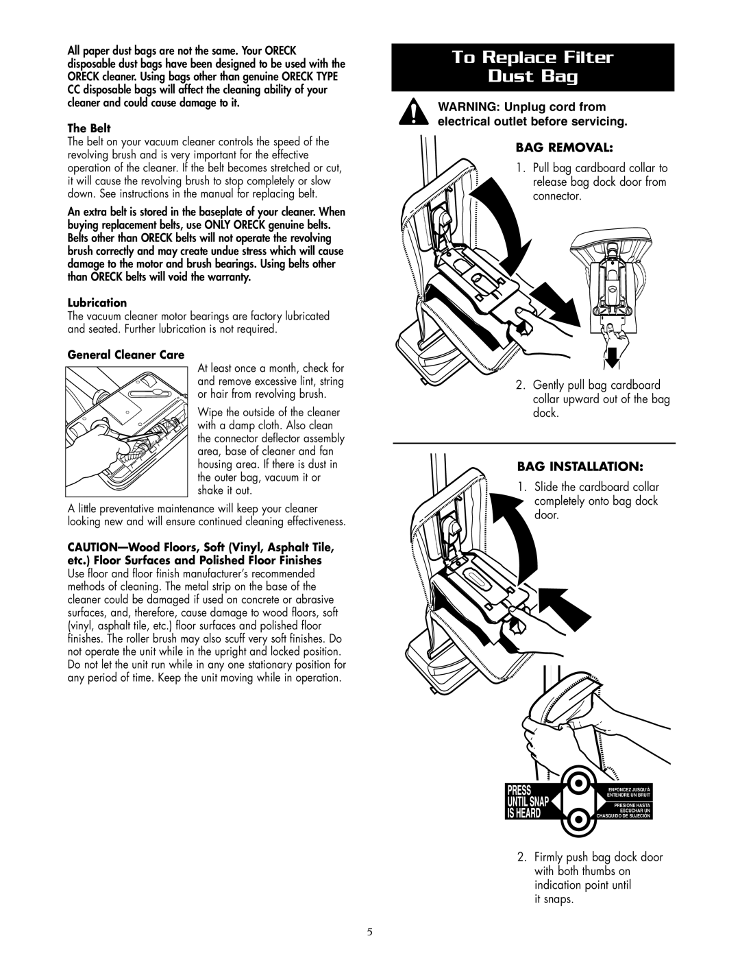 Oreck U2200RD warranty To Replace Filter Dust Bag, Belt, Lubrication, General Cleaner Care 