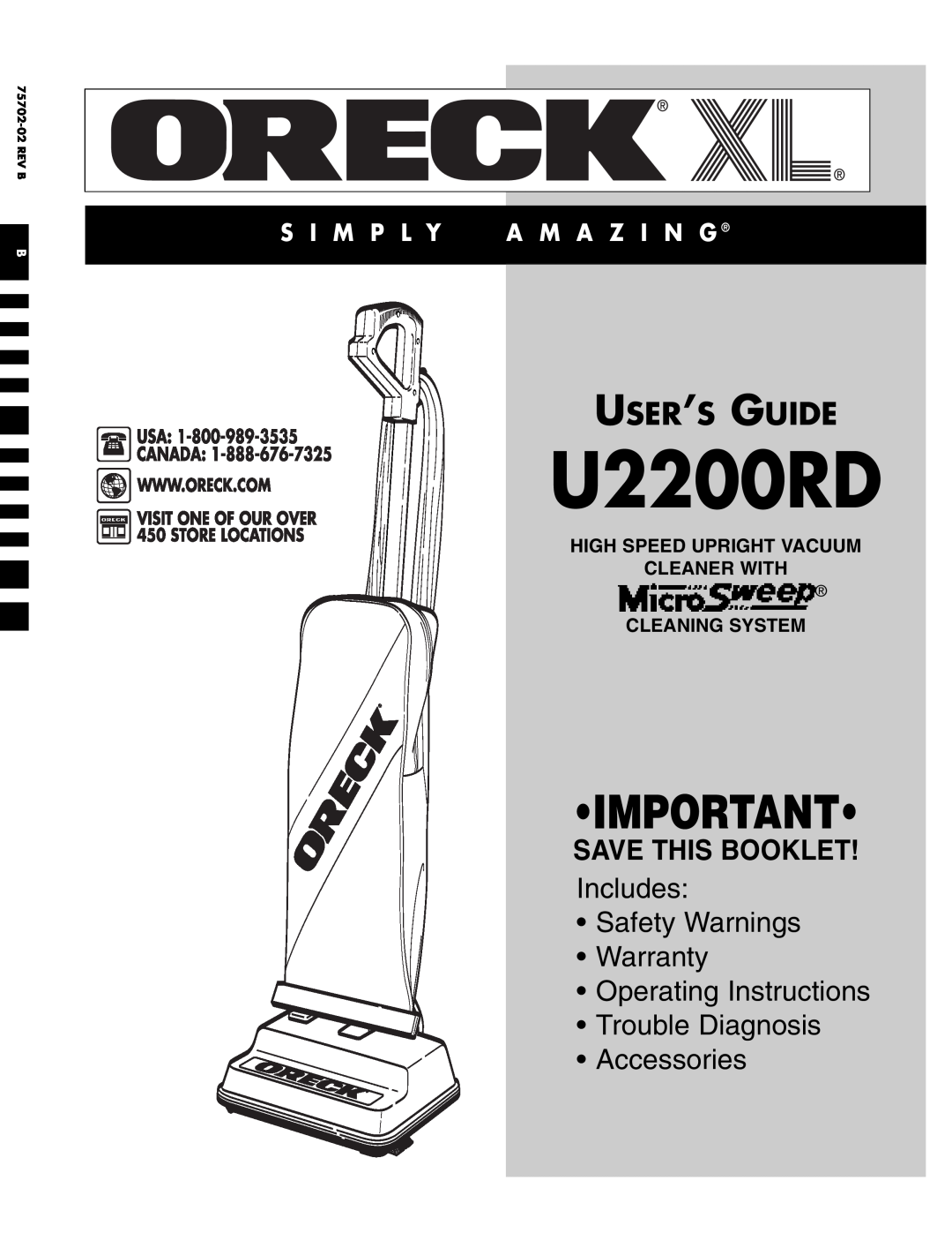 Oreck U2200RD warranty User’S Guide, High Speed Upright Vacuum Cleaner With, Cleaning System, Save This Booklet 