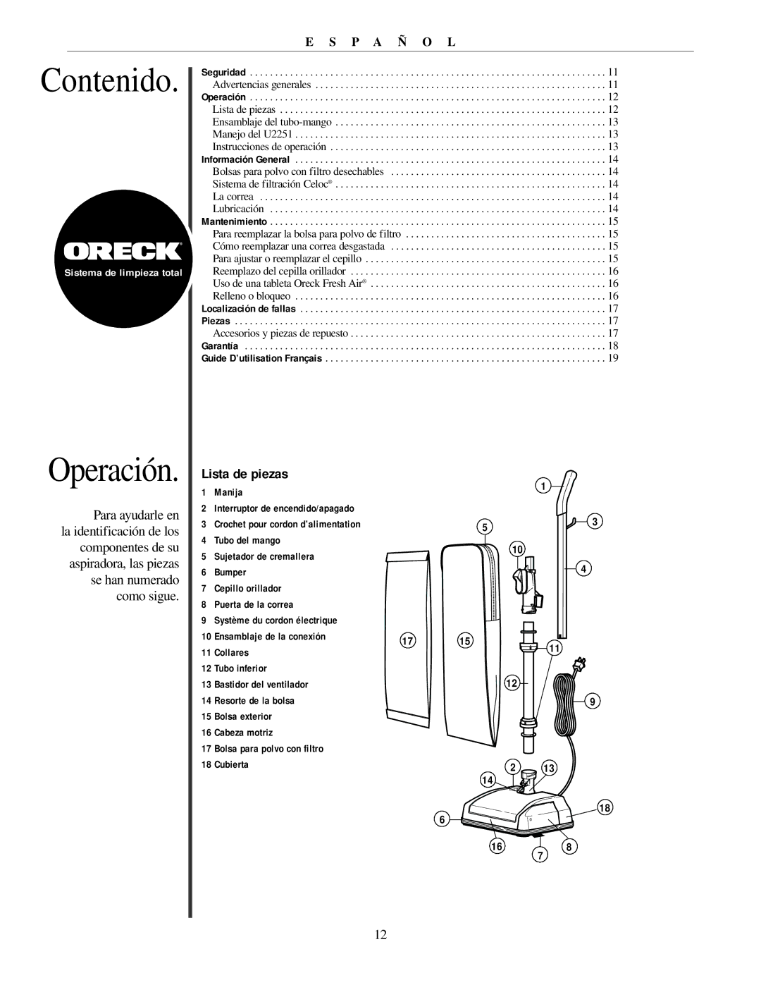 Oreck U2251 manual Contenido, Operación, Lista de piezas 