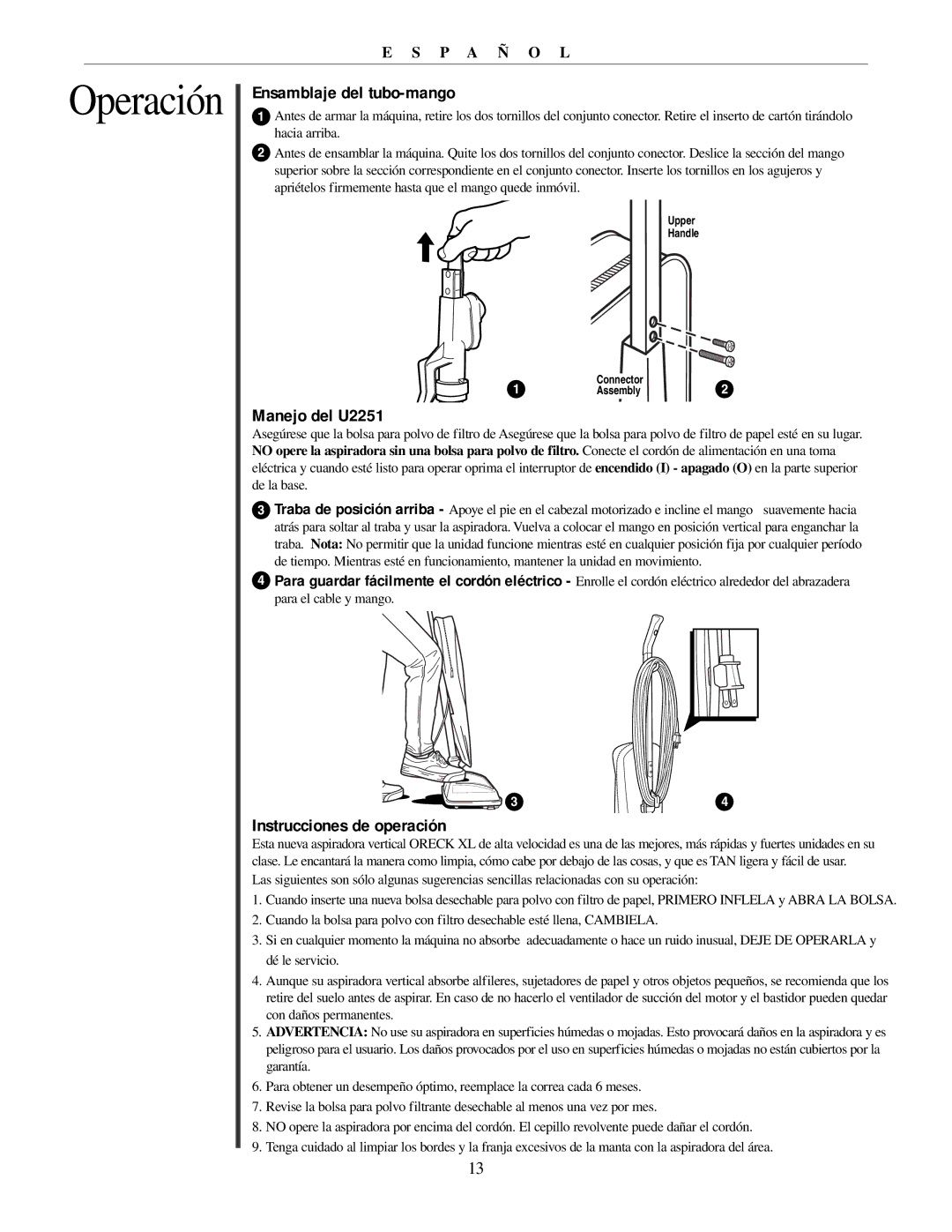 Oreck manual Ensamblaje del tubo-mango, Manejo del U2251, Instrucciones de operación 