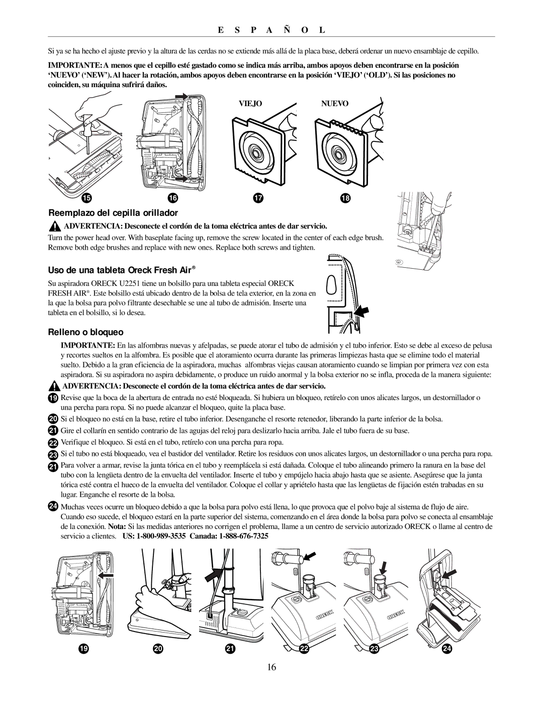 Oreck U2251 manual Reemplazo del cepilla orillador, Uso de una tableta Oreck Fresh Air, Relleno o bloqueo, Viejonuevo 