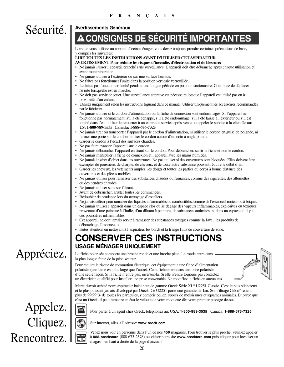 Oreck U2251 manual Sécurité Appréciez Appelez Cliquez Rencontrez, Avertissements Généraux 