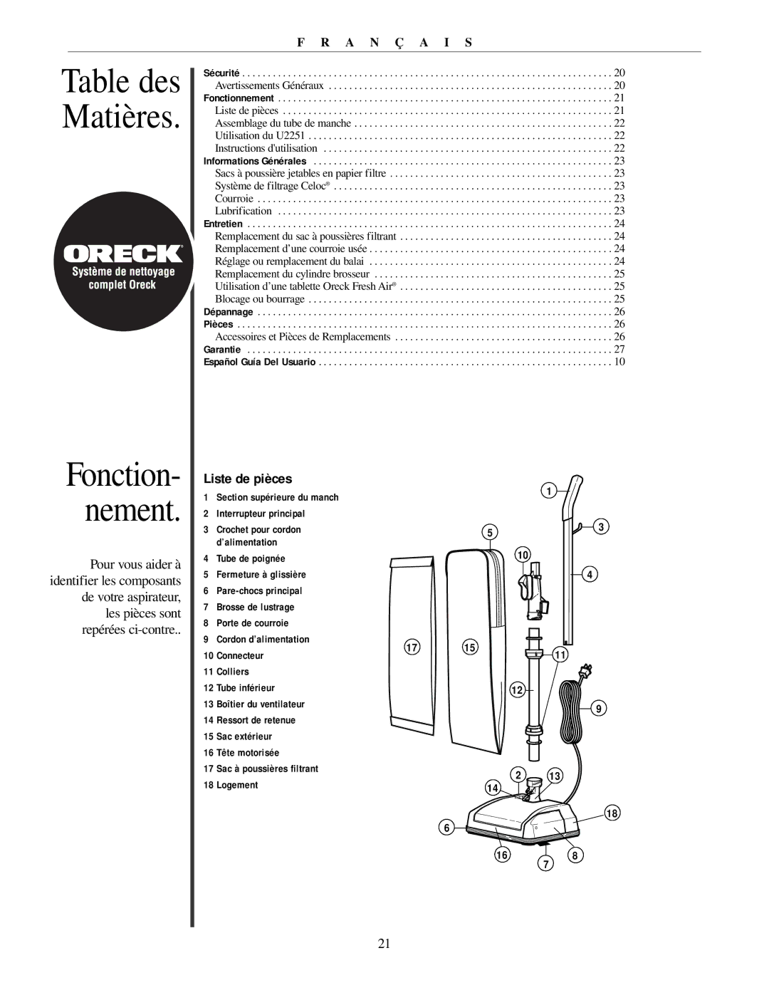 Oreck U2251 manual Table des Matières, Liste de pièces 