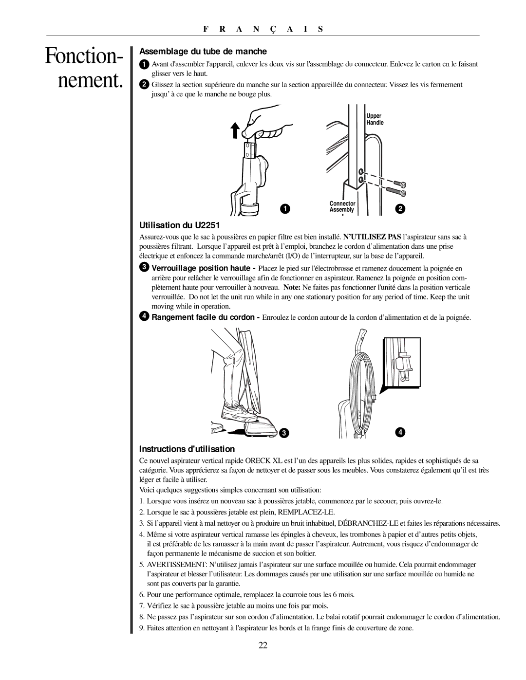 Oreck manual Assemblage du tube de manche, Utilisation du U2251, Instructions dutilisation 