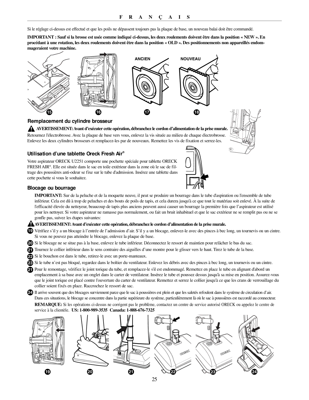 Oreck U2251 manual Remplacement du cylindre brosseur, Utilisation d’une tablette Oreck Fresh Air, Blocage ou bourrage 