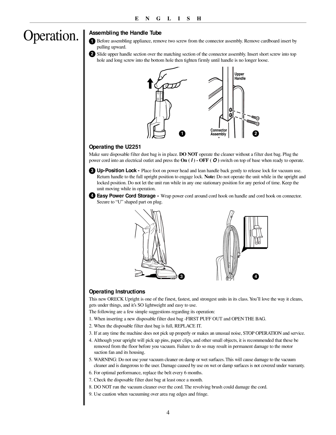 Oreck manual Assembling the Handle Tube, Operating the U2251, Operating Instructions 