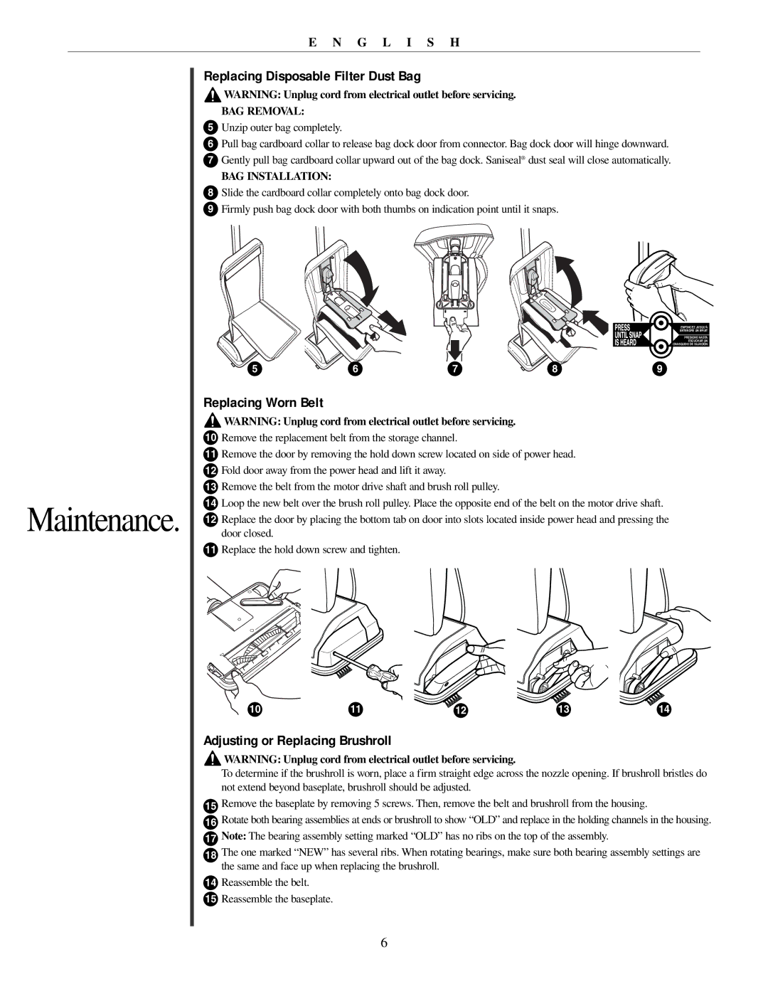 Oreck U2251 manual Replacing Disposable Filter Dust Bag, Replacing Worn Belt, Adjusting or Replacing Brushroll, BAG Removal 