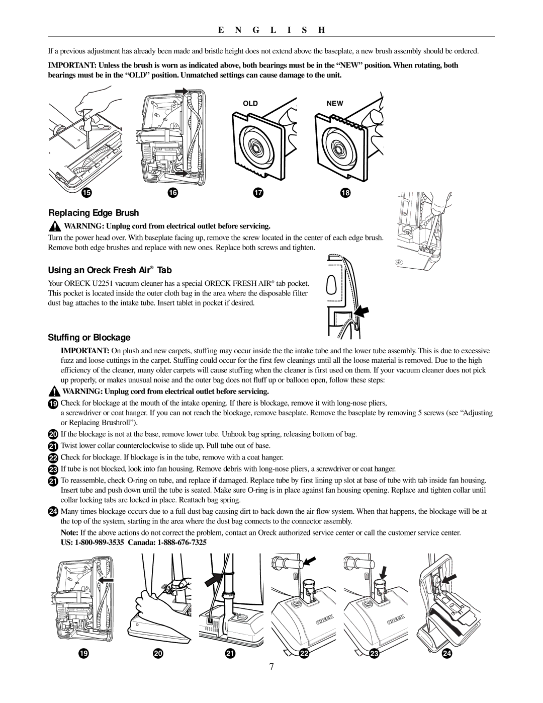 Oreck U2251 manual Replacing Edge Brush, Using an Oreck Fresh Air Tab, Stuffing or Blockage 