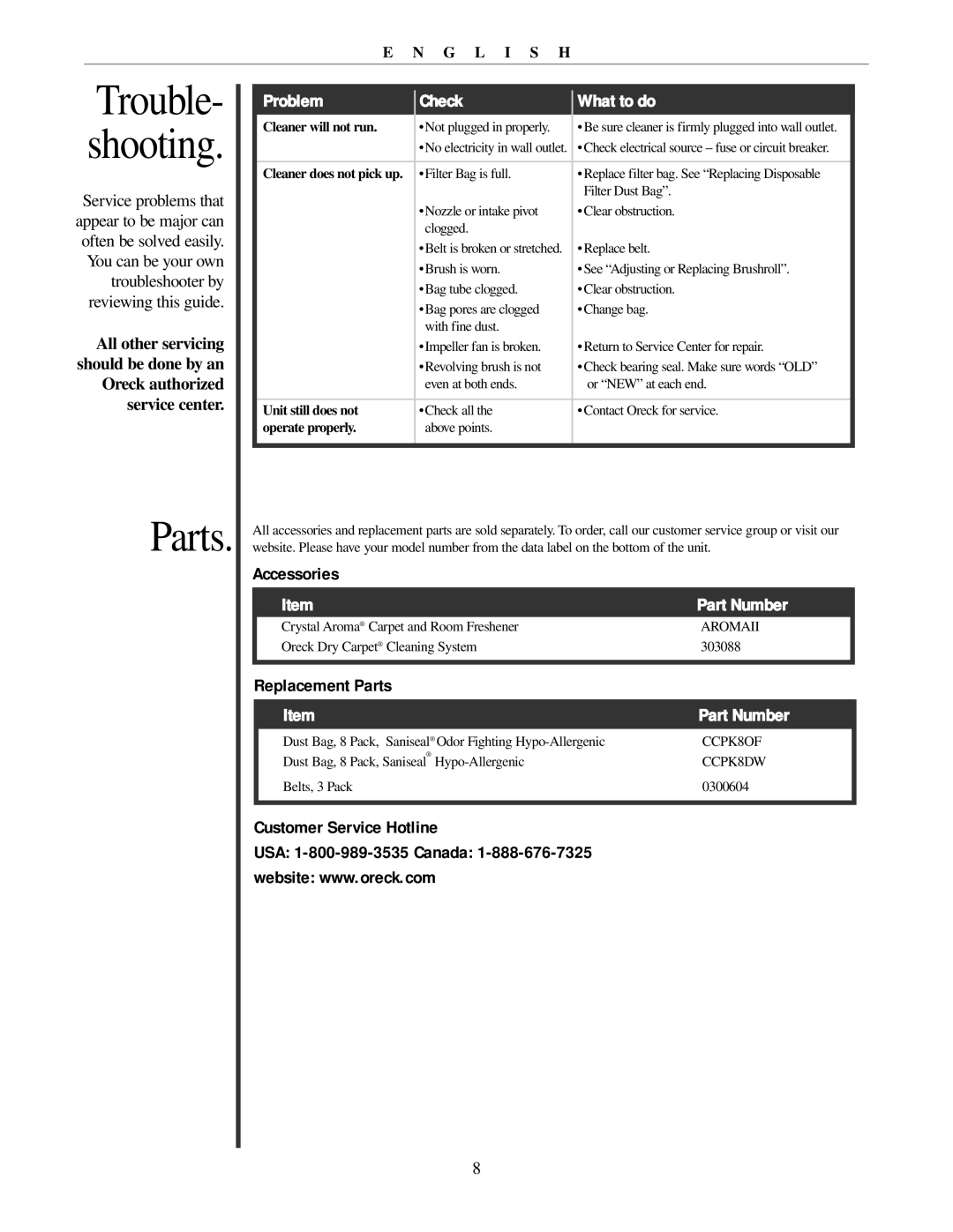 Oreck U2251 manual Accessories, Replacement Parts, Customer Service Hotline 