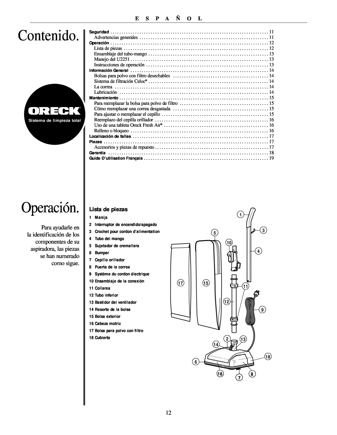Oreck U2251 manual Contenido, Operación, Lista de piezas, E S P A Ñ O L 