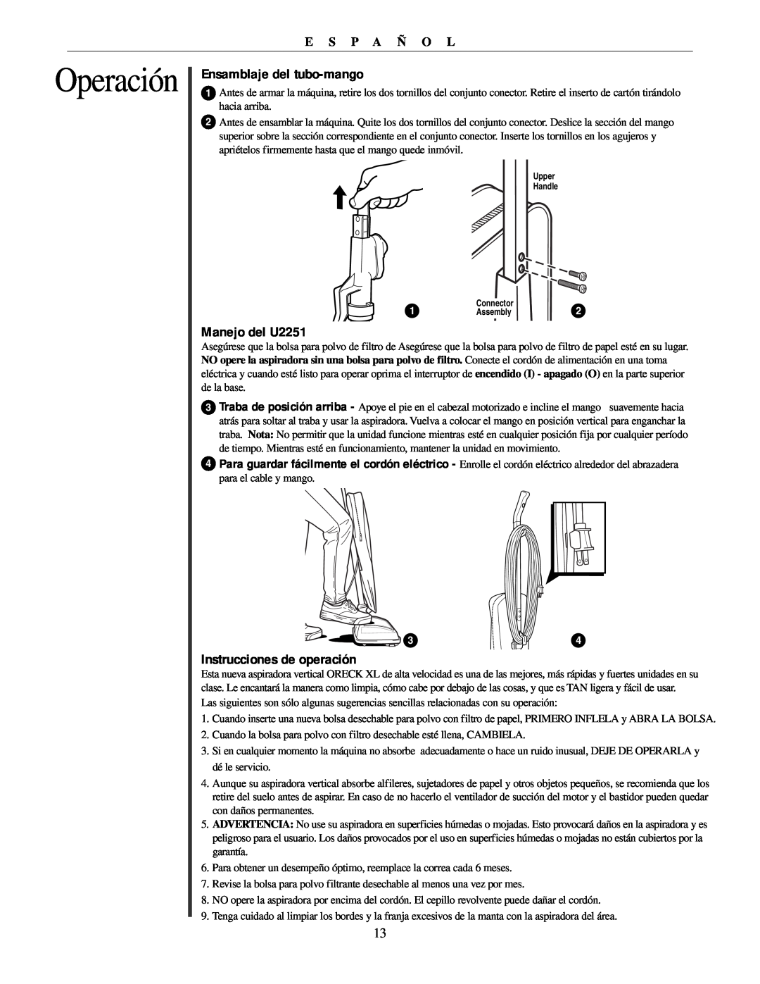 Oreck manual Ensamblaje del tubo-mango, Manejo del U2251, Instrucciones de operación, Operación, E S P A Ñ O L 