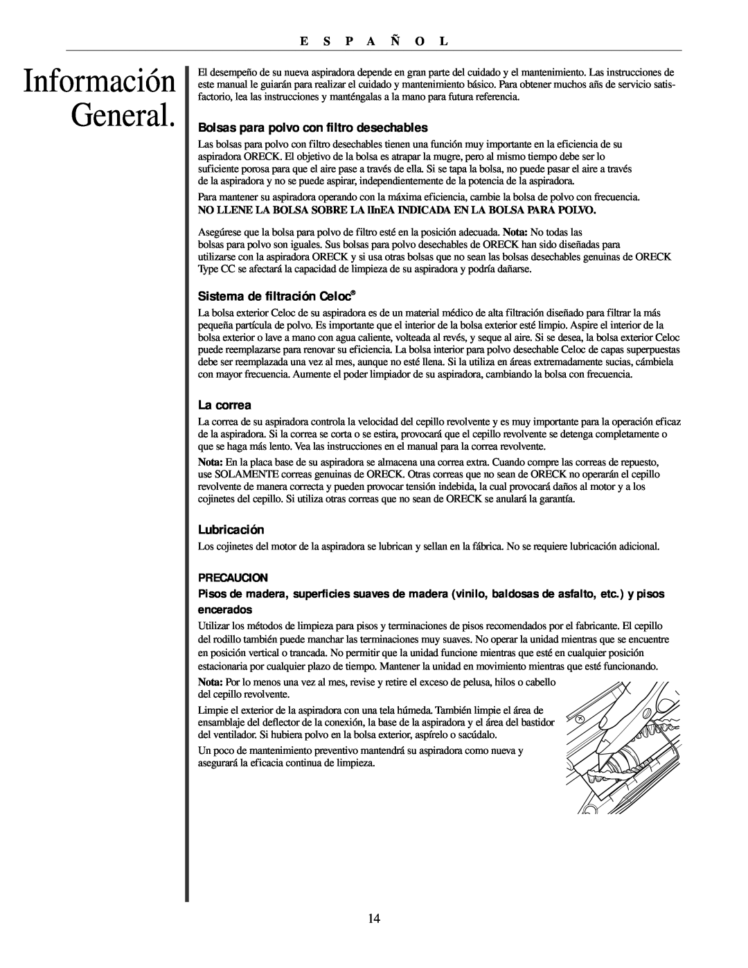 Oreck U2251 manual Información General, Bolsas para polvo con filtro desechables, Sistema de filtración Celoc, La correa 