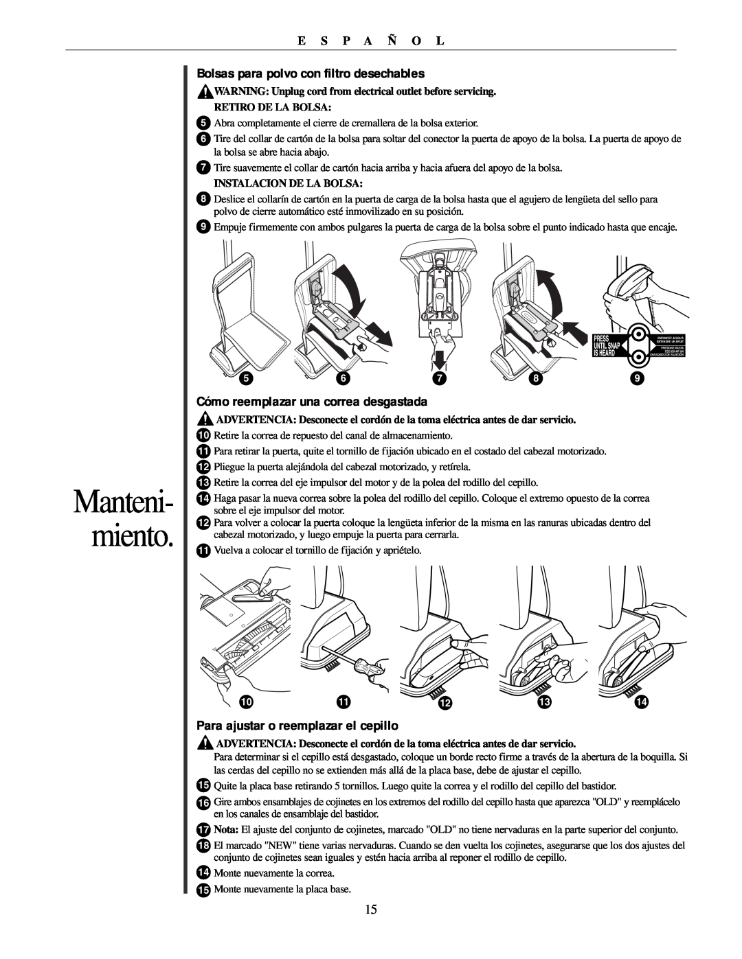 Oreck U2251 manual Cómo reemplazar una correa desgastada, Manteni- miento, Bolsas para polvo con filtro desechables 
