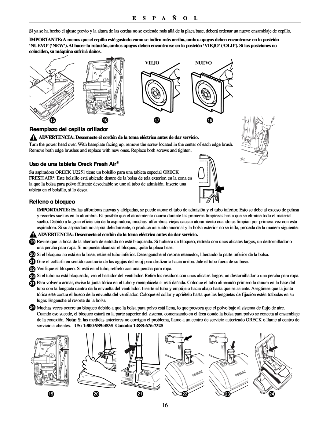 Oreck U2251 manual Reemplazo del cepilla orillador, Uso de una tableta Oreck Fresh Air, Relleno o bloqueo, E S P A Ñ O L 