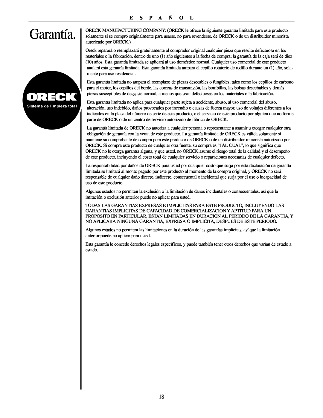 Oreck U2251 manual Garantía, E S P A Ñ O L 