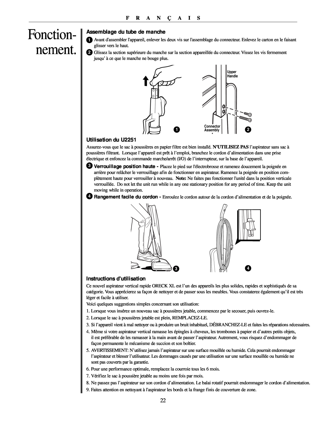 Oreck Assemblage du tube de manche, Utilisation du U2251, Instructions dutilisation, Fonction- nement, F R A N Ç A I S 