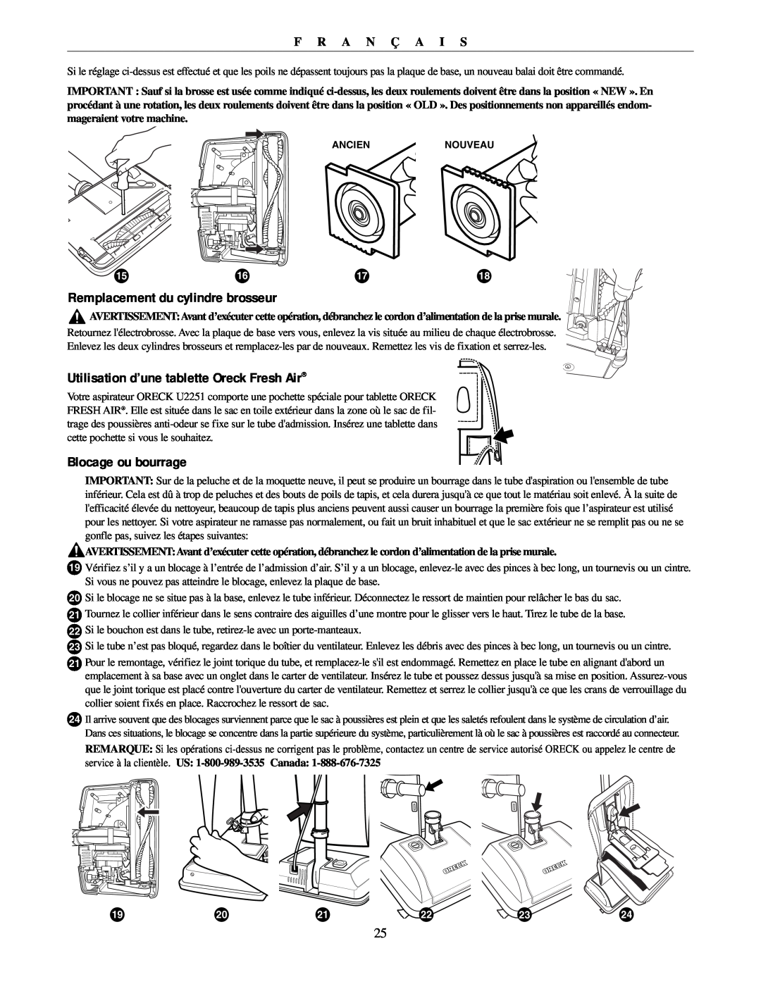Oreck U2251 manual Remplacement du cylindre brosseur, Utilisation d’une tablette Oreck Fresh Air, Blocage ou bourrage 