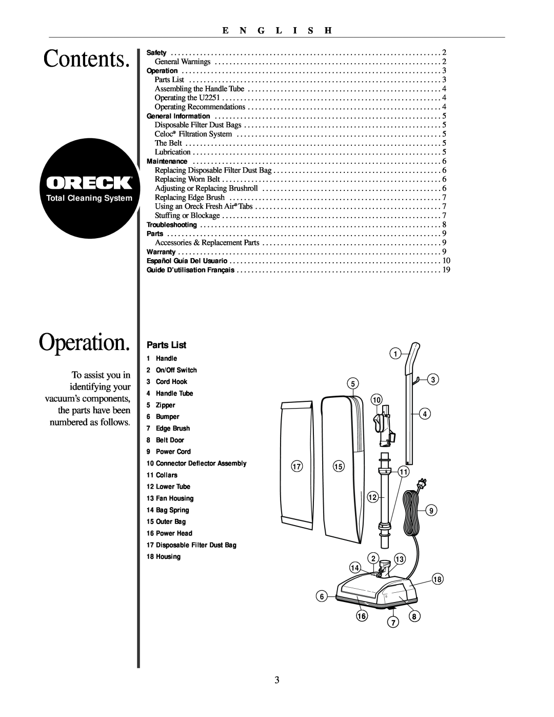 Oreck U2251 manual Contents, Operation, Parts List, E N G L I S H, Total Cleaning System 