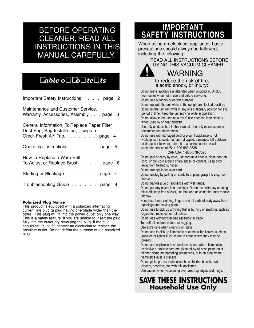 Oreck U2420RSQ warranty Safety Instructions, Table of Contents 