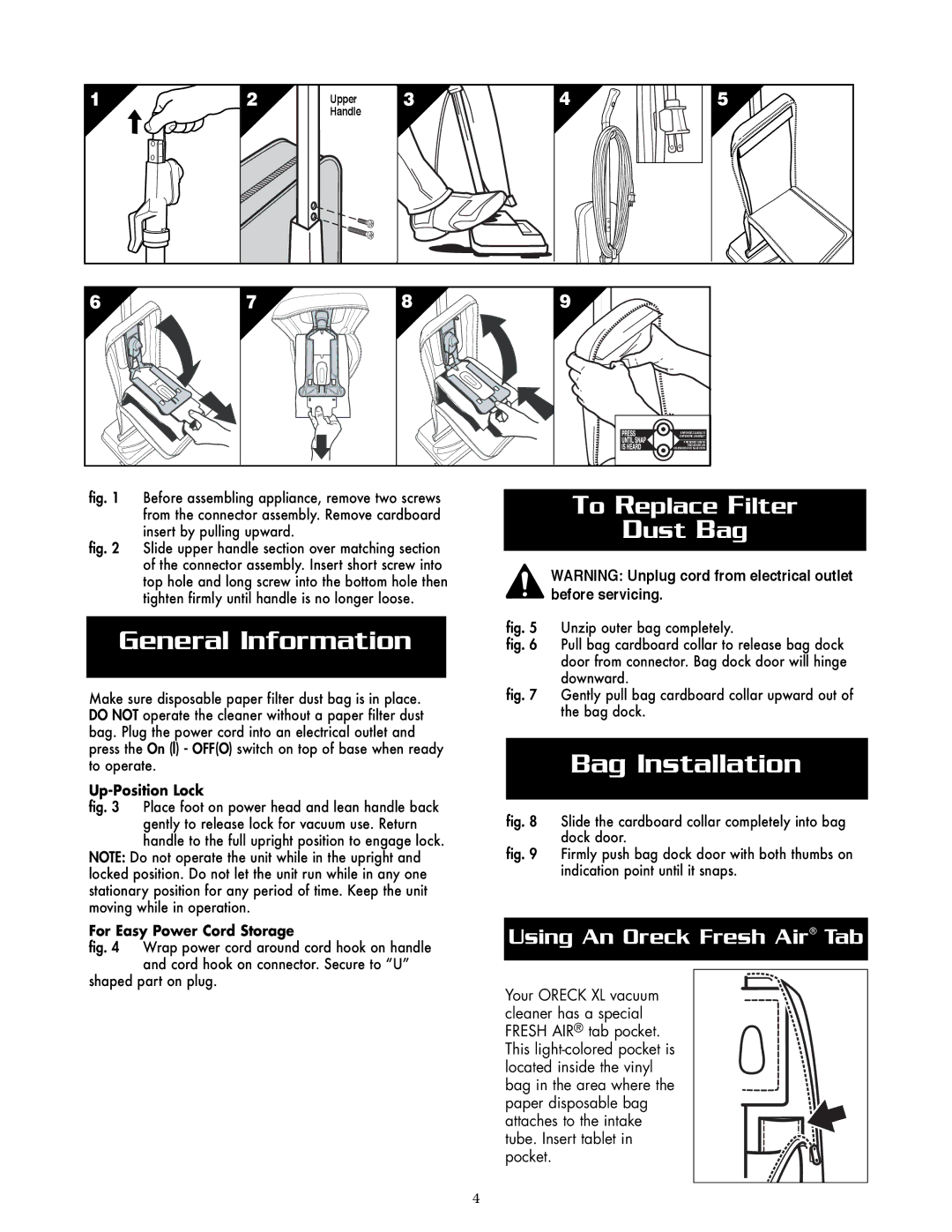 Oreck U2420RSQ warranty General Information, To Replace Filter Dust Bag 