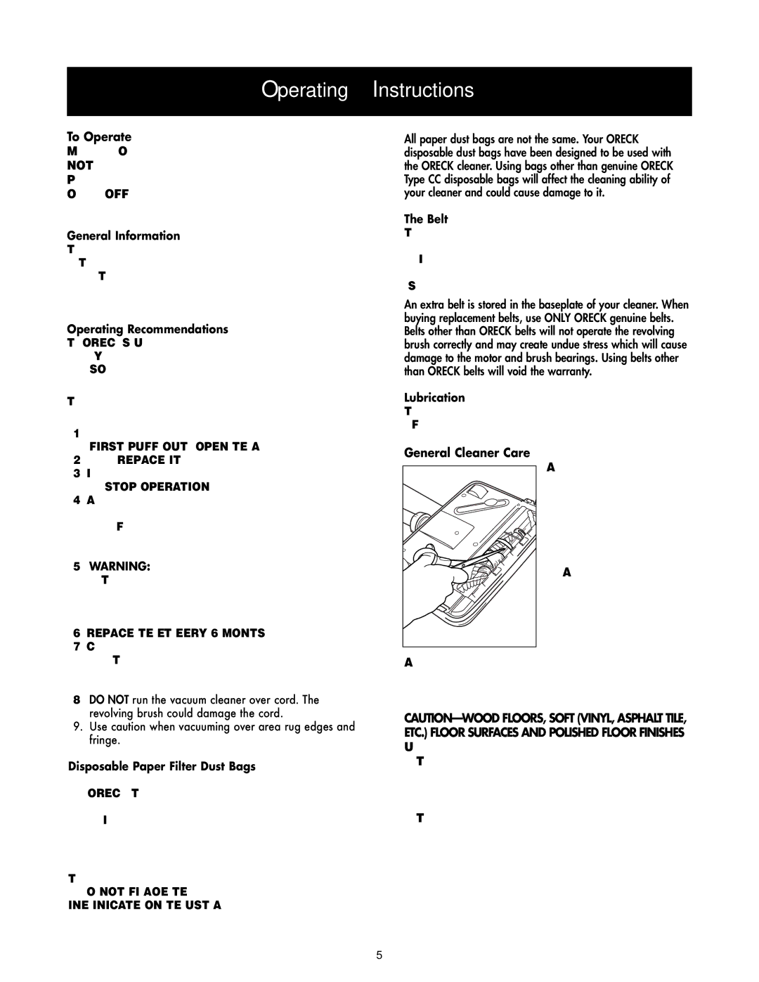 Oreck U2420RSQ warranty Operating Instructions, To Operate 